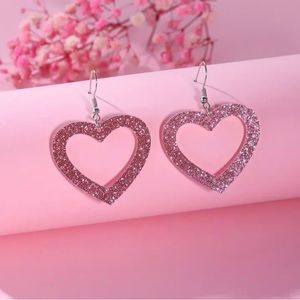 Hollow Pink Heart Glitter Bling Sequins Decor Dangle Earrings